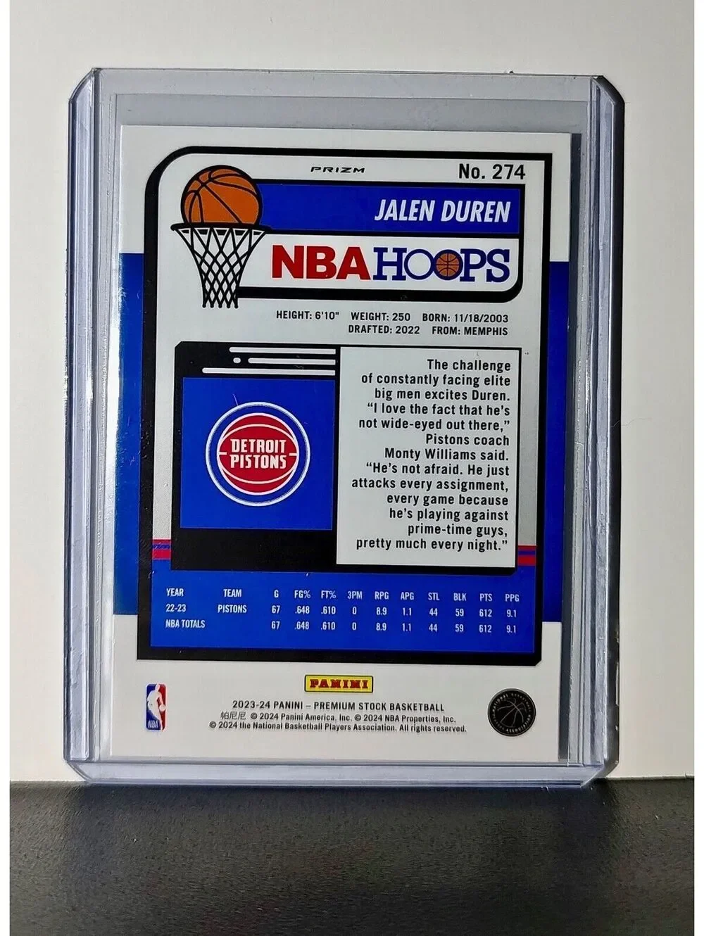 Jalen Duren 2023-24 Panini Premium Stock NBA Hoops #274 Prizm Refractor Pistons